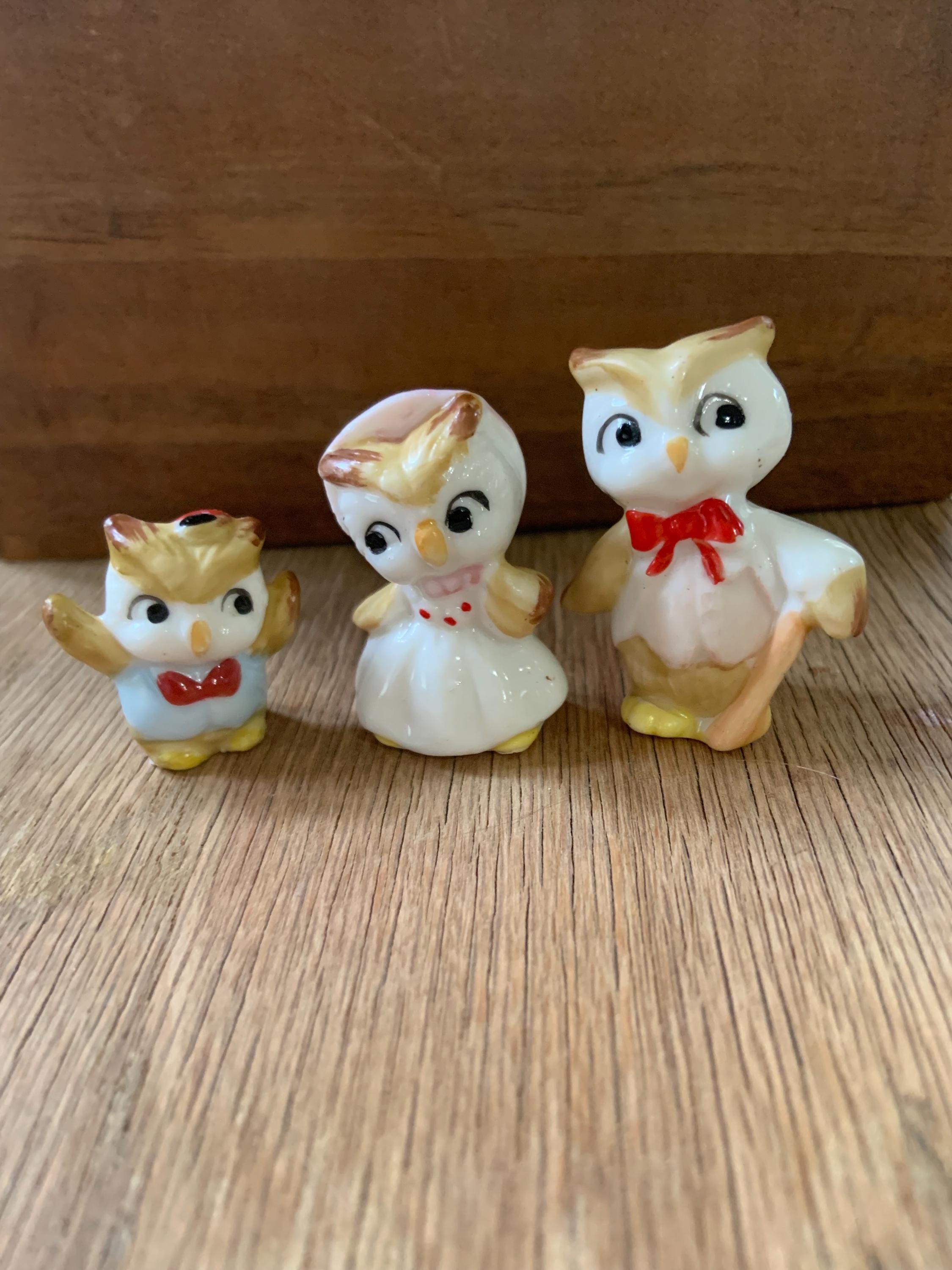 Vintage Ceramic Owl Family Set of 3, Pastel Owl Figurines, Mid Century Whimsical Animal Collectibles