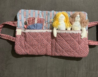 Vintage Handmade Cloth Dolls Set 2 Dolls 6 Calico Outfits Carrying Case 7 Inch Doll Clothes