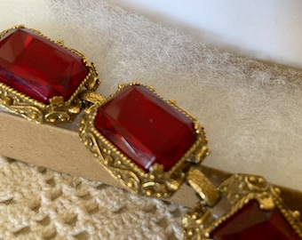 Vintage Judy Lee Red Glass Bracelet - Exquisite Gold-Plated Victorian Statement Jewelry - Special Occasion Accessory - Collectible Gift