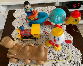 Vintage Pull Toys Fisher Price #643 #773 Playskool Weebles Tug Boat Wooden Duck Humpty Dumpty
