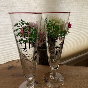 Mid-Century Tall Pilsner Glasses, Vintage Footed Barware with Harvest Scene, Beer Enthusiast Collector Gift