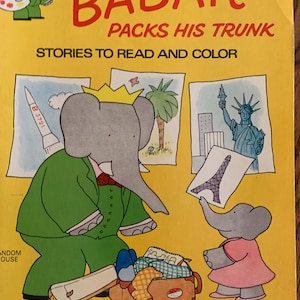Vintage Babar Packs His Trunk Book – 1976 Laurent De Brunhoff Random House, Children’s Coloring Storybook, Collectible Paperback