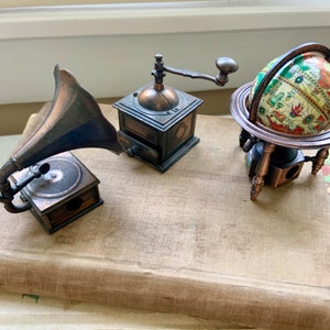 Miniature Brass Pencil Sharpeners – Vintage Globe, Grinder, Victrola – Dollhouse Accessory – Gift Item - Back to School Collection