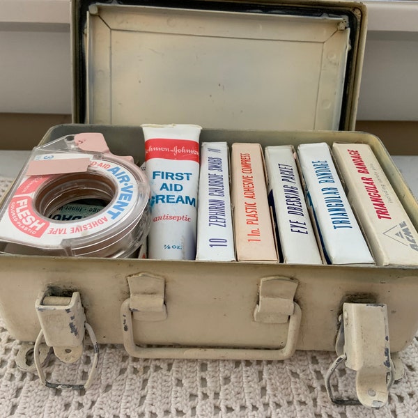 1940s Retro First Aid Wall Cabinet - Complete with Vintage Bandages & Supplies - Unique Collector's Medical Gift