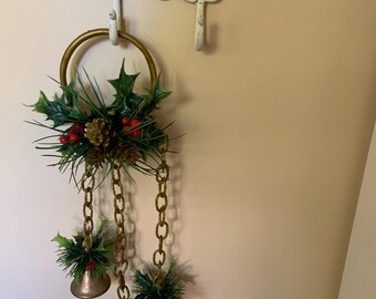 Vintage 1960s Christmas Door Chime 3 Ringing Bells Holly Berries Retro Holiday Decor