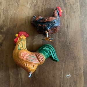 Vintage Miniature Hen and Rooster with Missing Metal Feet, Putz Composition, Crafting or Dollhouse