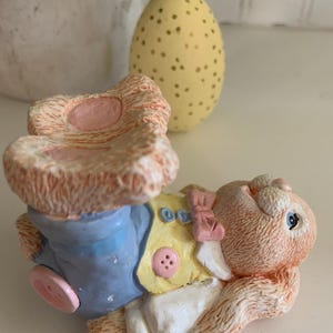 Ceramic Easter Bunny Figurine, Cute 3-inch Bunny in Blue Pants & Yellow Vest for Table Decor, Perfect Collectible Spring Gift