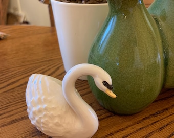 Vintage White Ceramic Swan Figurine Wedding Cake Topper Glossy Porcelain