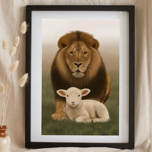 The Lion and the Lamb Wall Art – Christian Printable Digital Download, Wall Decor, Lion of Judah Lamb of God, Faith-Based Animal Artwork