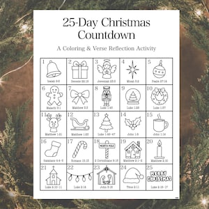 Könnte beinhalten: Ein schwarz-weißes 25-Tage-Weihnachts-Countdown-Arbeitsblatt zum Ausmalen und zur Versreflexion. Das Blatt zeigt 25 nummerierte Kästchen mit weihnachtlichen Illustrationen und Bibelversen. Der Text "MERRY CHRISTMAS" steht unten.