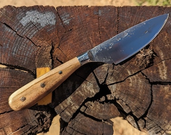 Made to order, hand forged 3" pairing knife with wood handle & leather storage sleave.