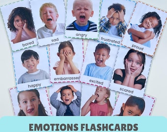 May include: A set of colorful flashcards featuring children's faces expressing different emotions, such as happy, sad, angry, scared, and excited. The cards are labeled with the corresponding emotion and are designed for educational purposes.  EMOTIONS FLASHCARDS Laminated Physical Cards