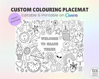 Personalized Coloring Page Placemat Template: Birthday Party Activity, Edit on Canva (PDF Download, 8.5x11in )