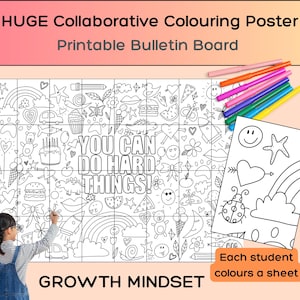 Może przedstawiać: Duży, czarno-biały, wspólny plakat do kolorowania z napisem "YOU CAN DO HARD THINGS!" i słowami "GROWTH MINDSET". Plakatowi towarzyszy mniejszy arkusz do kolorowania i zestaw kolorowych markerów. Plakat jest przeznaczony na drukowaną tablicę ogłoszeń.
