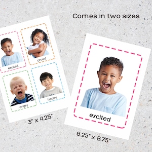 May include: Four printable cards with photos of children expressing different emotions. The cards are labeled with the emotions: excited, proud, angry, and happy. The cards are available in two sizes: 3 inches by 4.25 inches and 6.25 inches by 8.75 inches.
