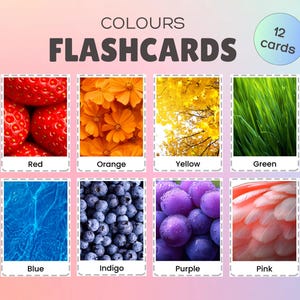 May include: Color flashcards with the words "COLOURS FLASHCARDS" at the top. The cards display the colors red, orange, yellow, green, blue, indigo, purple, and pink. The image also includes the text "12 cards".