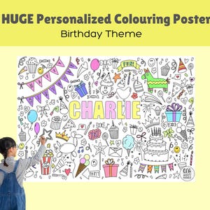 Birthday - Reusable Custom Colouring Page, Large Colouring Sheet, Happy Birthday Banner, Birthday Gift For Kids, Coloring sheet with name