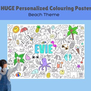 Beach Day - Reusable Custom Colouring Page, Large Colouring Sheet, Custom Gift For Kids, Beach Theme Gift, Coloring page with name