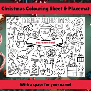 May include: Black and white Christmas coloring sheet and placemat with the text "MERRY CHRISTMAS" and space for a name. Includes illustrations of a snowman, Santa, gifts, and other holiday-themed images.
