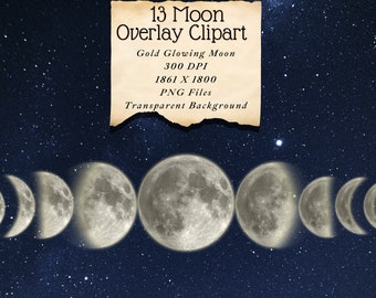 Moon Phases Overlay Gold with Glow  PNG 13 files moons Transparent photoshop