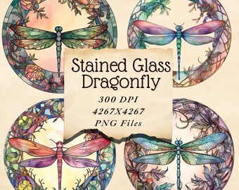 Stained Glass Dragonfly Digital PNG Clipart 4 images Stained Glass Watercolor Sublimation File Card Making Journaling Scrapbooking Sticker