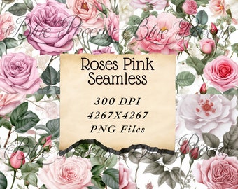 Roses Pink Seamless Wallpaper Scrapbook Digital Printable Page Digital Paper Card Making Journaling PNG memory book Watercolor Background
