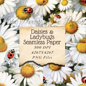 Daisies and Ladybugs Seamless Wallpaper Scrapbook Digital Printable Page Paper Card Making Journaling PNG memory book Watercolor Background