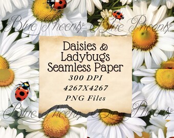 Daisies and Ladybugs Seamless Wallpaper Scrapbook Digital Printable Page Paper Card Making Journaling PNG memory book Watercolor Background