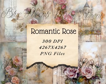 Romantic Rose Scrapbook Digital Printable Pages Digital Floral Paper Card Making Journaling Wallpaper PNG memory book Watercolor Background