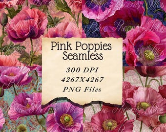 Pink Poppy Seamless Pattern | Vintage Floral Wallpaper | Romantic Botanical Digital Paper Cottage core Fabric Print | Shabby Chic Background
