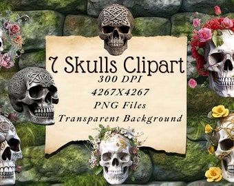 Floral Skull PNG Clipart, Junk Journal, Paper Crafts Scrapbooking, sublimation Skull Digital Art Design Celtic Knot Skull Flower Skulls