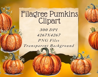 Watercolor Pumpkins & Jack O'Lanterns with Filigree, Fall Clipart PNG, Autumn Harvest Illustration,Halloween Spooky scrapbook journaling