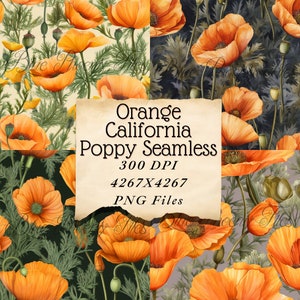 Poppy Orange California Poppy Floral Scrapbook Digital Printable Pages Paper Card Making Journaling Seamless Wallpaper PNG memory book