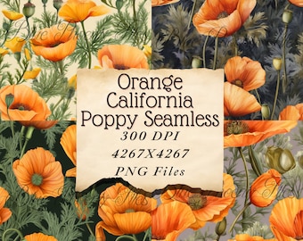 Poppy Orange California Poppy Floral Scrapbook Digital Printable Pages Paper Card Making Journaling Seamless Wallpaper PNG memory book