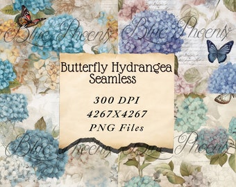 Butterfly Hydrangea Scrapbook Digital Printable Pages Digital Paper Card Making Journaling Wallpaper PNG memory book Watercolor Background