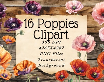16 Poppy Watercolor Clipart PNG Files Digital Planner Junk Journal