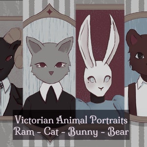 May include: Four Victorian-style animal portraits: a ram, cat, bunny, and bear. Each animal is depicted in a formal outfit, framed against a patterned background. The text "Victorian Animal Portraits" is displayed below the portraits.