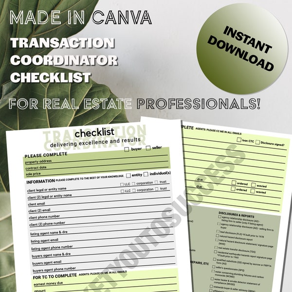 Transaction Coordinator Canva Template Etsy Canada