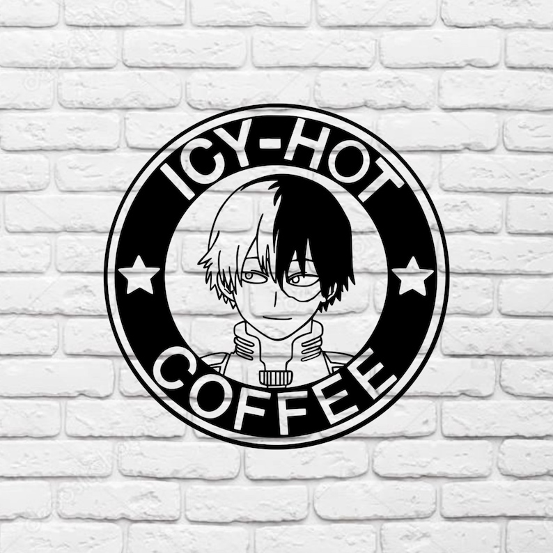 May include: Black and white logo with the text "ICY-HOT COFFEE" in a circle. A cartoon character with white and black hair is in the center of the circle.