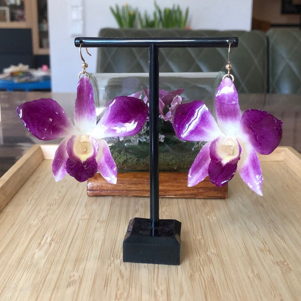real pink orchid dendrobium earrings with 14k gold plated hook resin jewelry