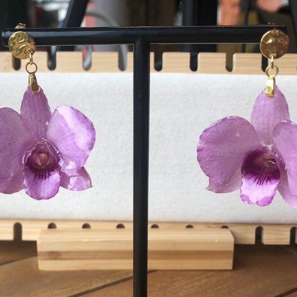 real pink orchid dendrobium earrings with stainless steel hooks resin jewelry