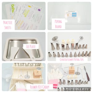 May include: A collection of cake decorating tools and accessories, including practice sheets, a piping board, an ice plate, curated flower piping tips, and a flower kit caddy. The image also includes the text "Happy Birthday" and "Best Wishes".