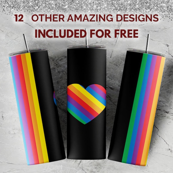 LGBT Tumbler Design | Sublimation Designs Downloads - Skinny 30 oz 20 oz tumbler PNG | Gay Pride hearts stripes Tumbler wrap design digital