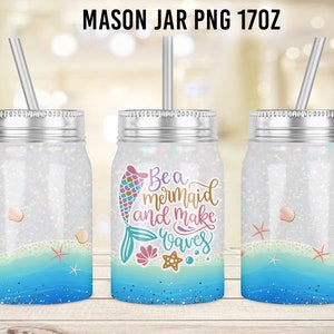 Mermaid glitter Mason Jar Sublimation Design Template, 17oz Jar Design to Sublimate Digital Download PNG | Mermaid jar designs