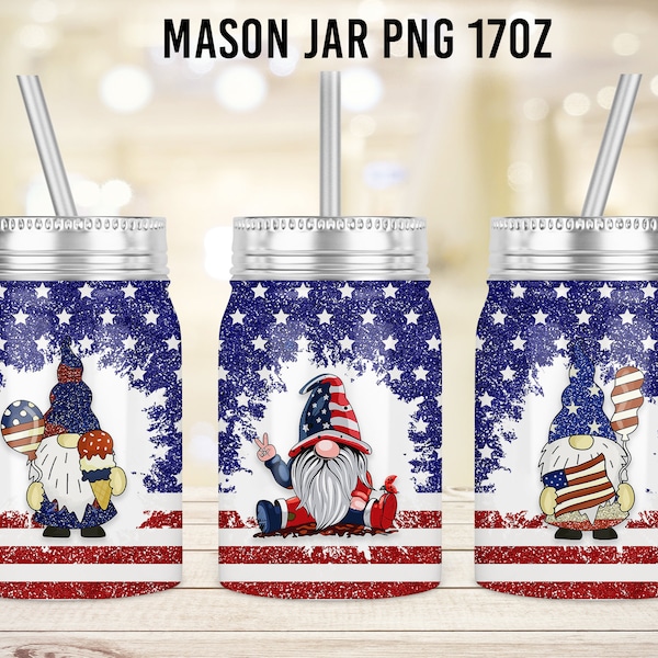 American flag patriotic gnomes 17 oz mason jar Tumbler Sublimation Design Template, 17 oz Jar Designs download to Sublimate, 4th july wrap
