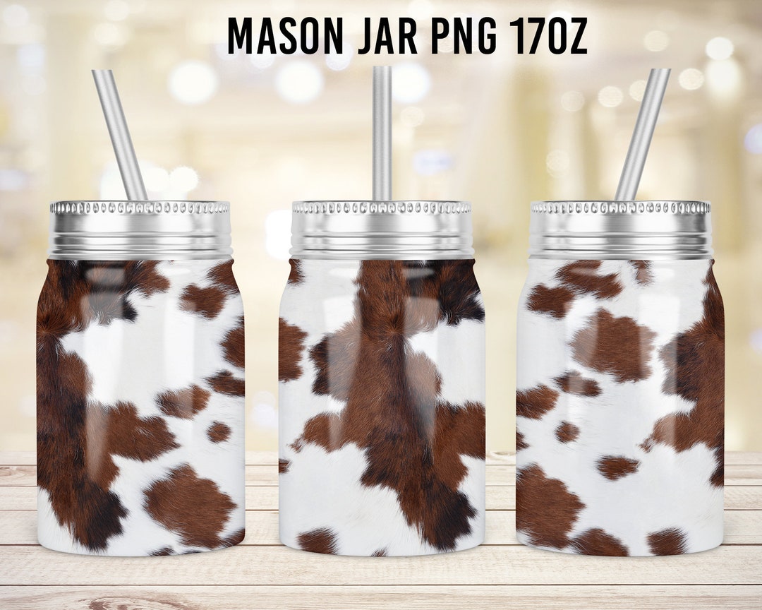 Cowhide Mason Jar Tumbler Sublimation Design Template, 17oz Jar Design
