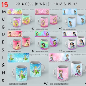 15 kubków do kawy Princess w formacie PNG do sublimacji | 11 oz 15 oz prasa do kubków Cricut Projekt sublimacji, cyfrowe pobieranie dziecięcych kubków z brokatem