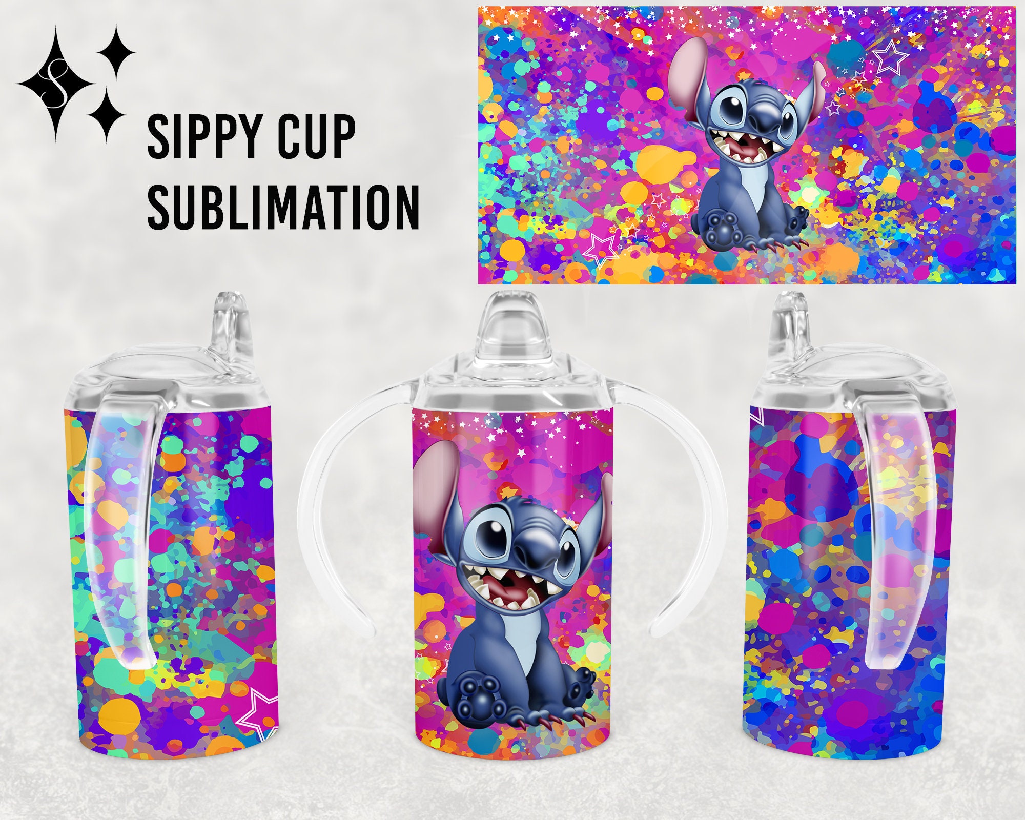 Stitch Splash cartone animato per bambini sublimazione della tazza Sippy da 12 once, sublimazione della tazza Sippy dritta / avvolgimento completo della tazza Sippy, scivolo acquatico per il download digitale