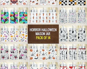 14 Mason jar Sublimation Designs , Ready to press jar wrap Designs, 17oz jar sublimation png , horror halloween, mason wrap download