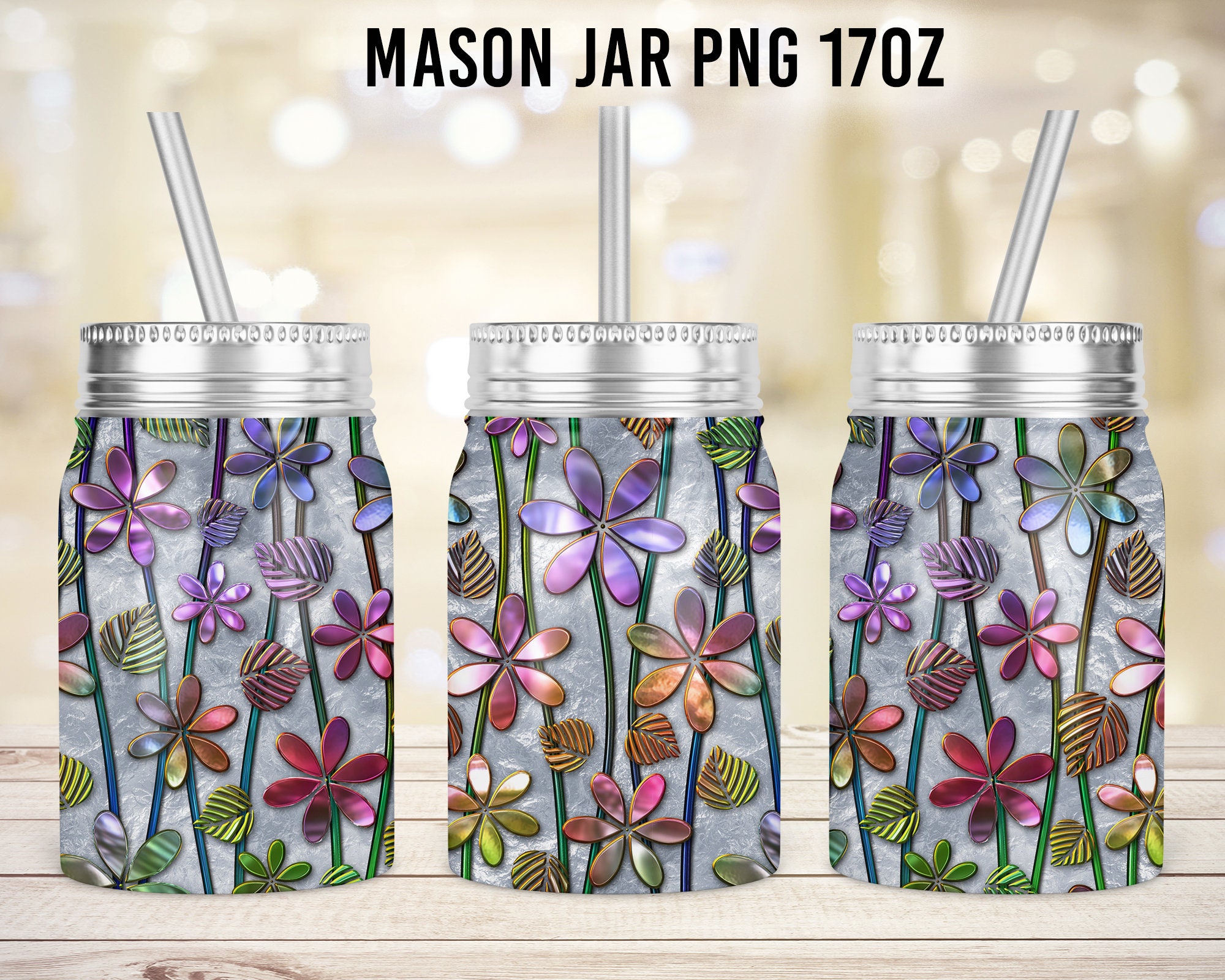 Stained Glass Colourful Mason Jar Tumbler Sublimation Design Etsy